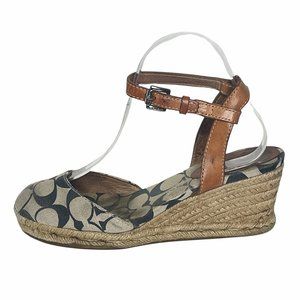 Coach Espadrille Brown Leather Wedge Shoes Valerie Size 6 Leather Straps